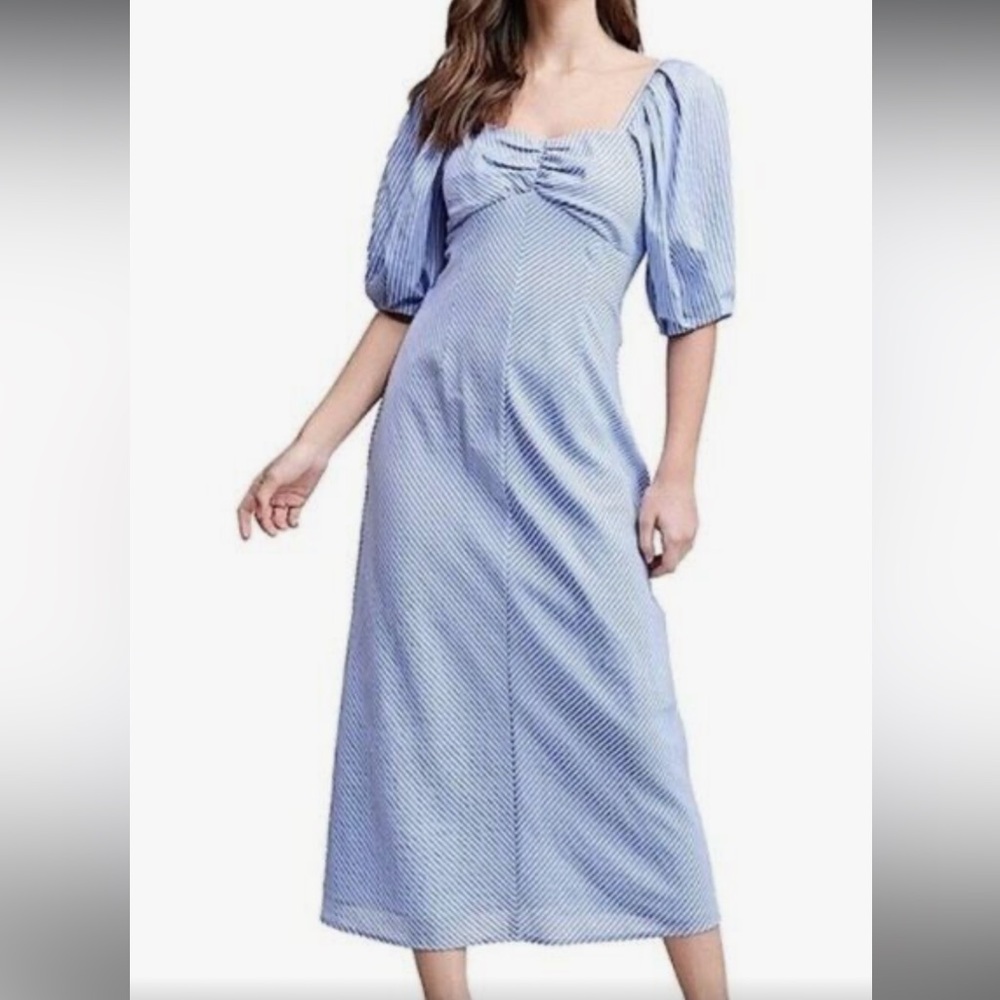 En saison blue stripe puff sleeve midi dress